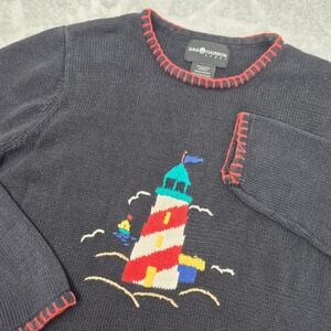 Vintage Sag Harbor Sport Womens M Black Lighthouse Knit Sweater Blanket Stitch